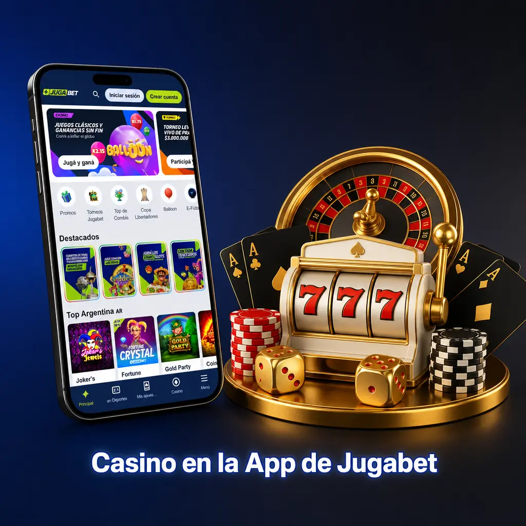 Sección de casino en la app de Jugabet con tragamonedas, juegos en vivo y mesas disponibles