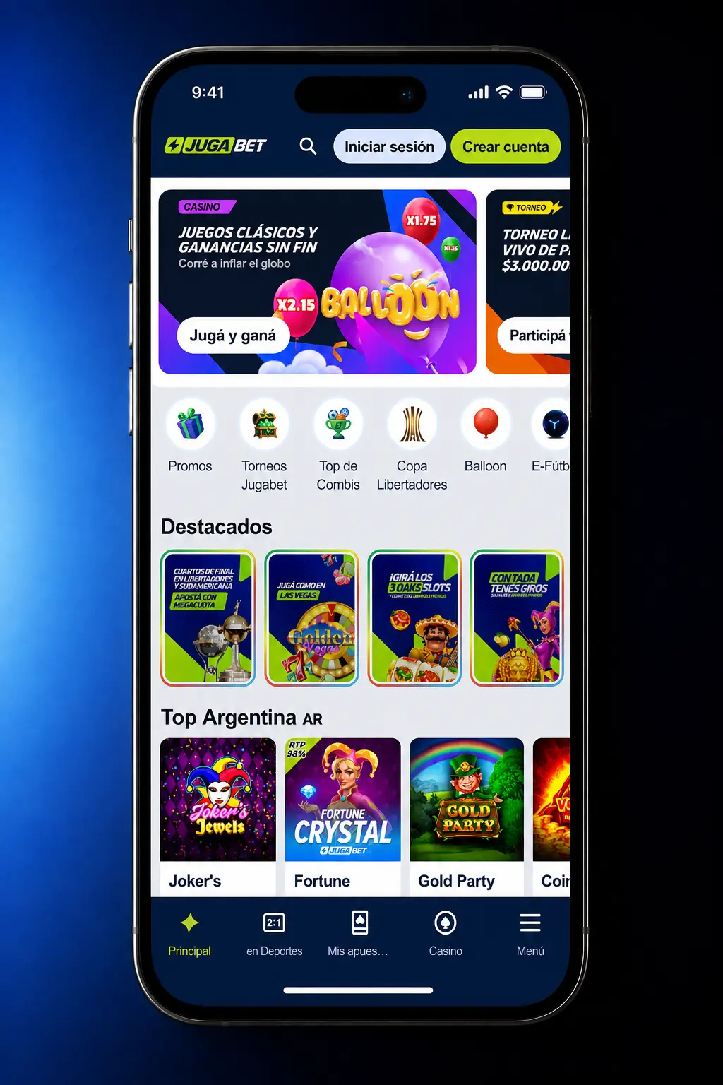 Depósito en app Jugabet Argentina con Mercado Pago, AstroPay y cripto desde dispositivo móvil