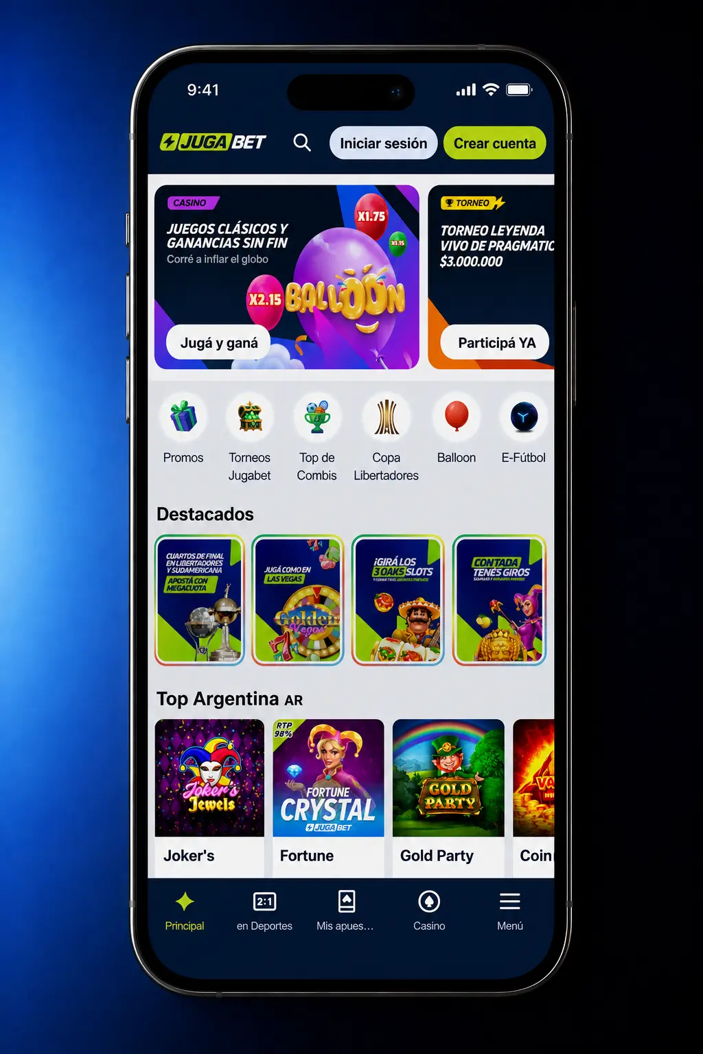 Depósito en app Jugabet Argentina con Mercado Pago, AstroPay y cripto desde celular