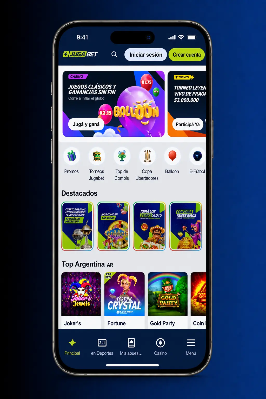Pantalla de inicio de sesión en la app de Jugabet para Android con campos de correo y contraseña