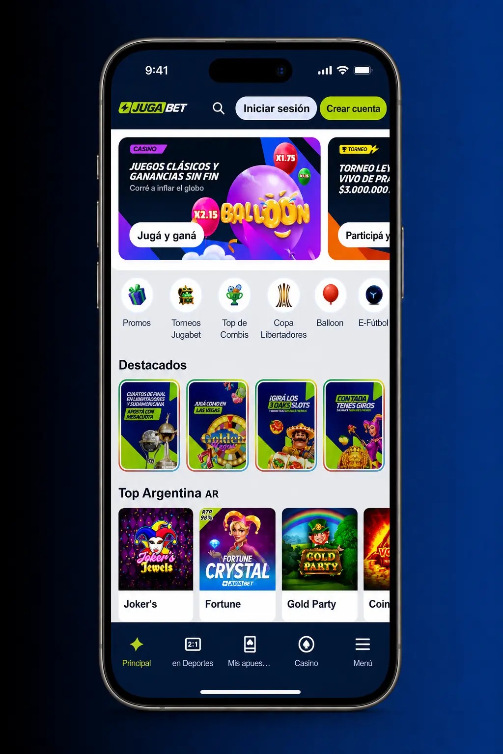 Pantalla de inicio de sesión en la app de Jugabet para Android con campos de correo y contraseña