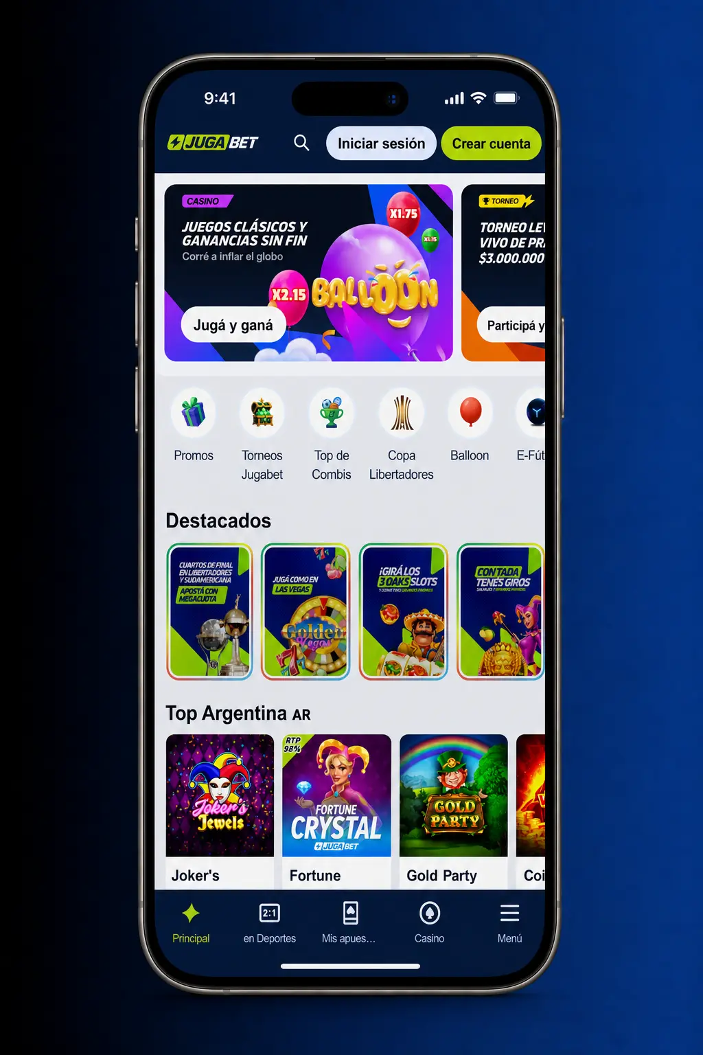 Pantalla de inicio de sesión en la app de Jugabet para Android con campos de correo y contraseña visibles