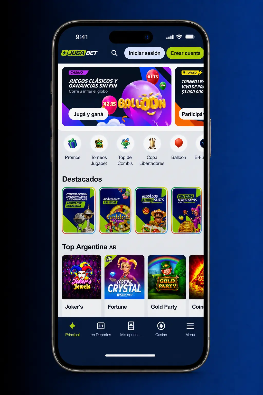 Pantalla de inicio de sesión en la app de Jugabet para Android con campos de correo y contraseña
