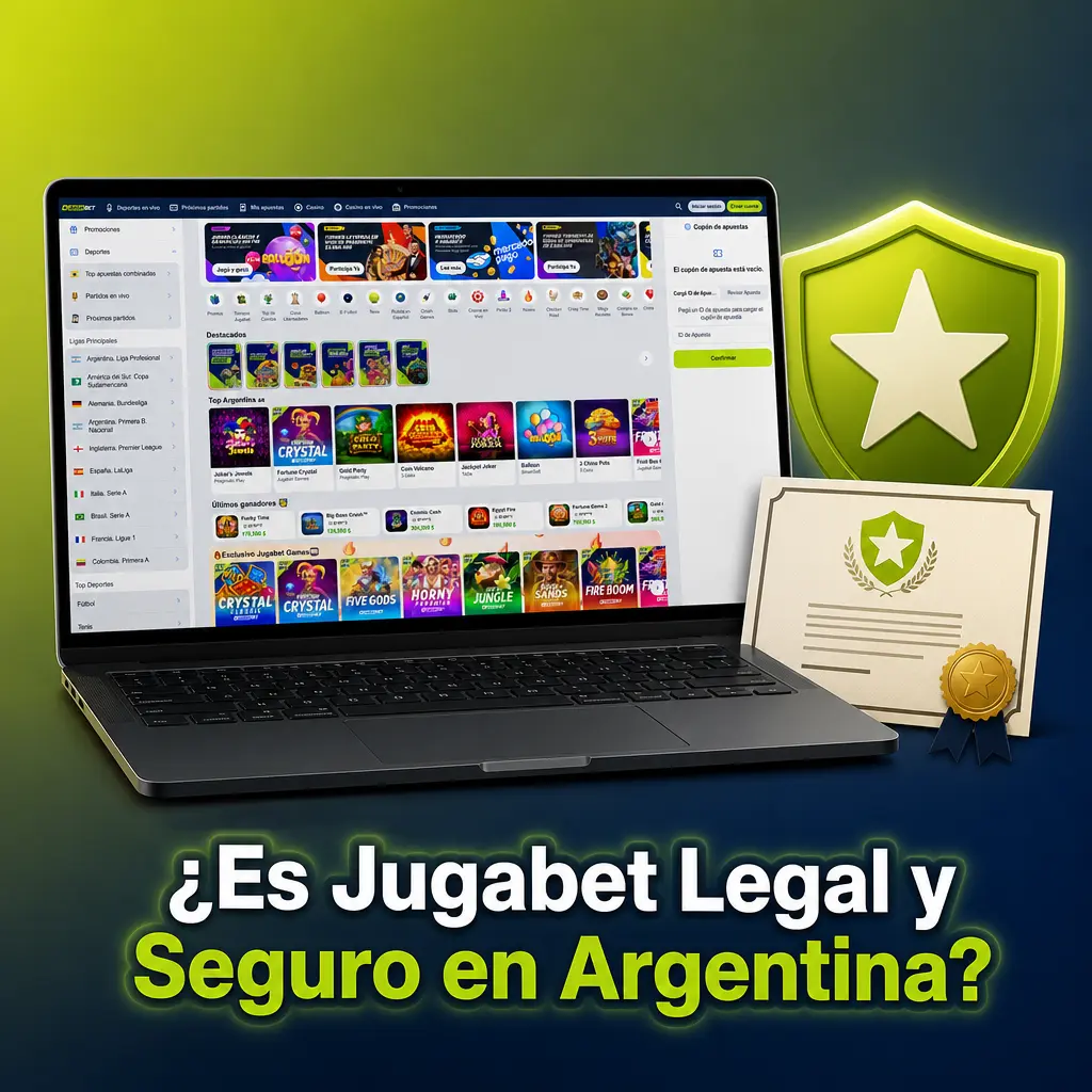Logo de Jugabet con escudo de seguridad y texto sobre licencia de Curaçao y regulación en Argentina